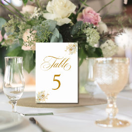 Elegant Gold Script Floral Wedding Table Number 5 Kaart