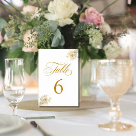 Elegant Gold Script Floral Wedding Table Number 6 Kaart