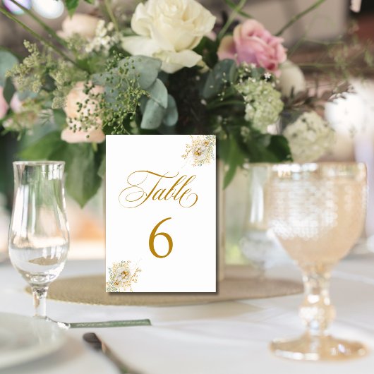 Elegant Gold Script Floral Wedding Table Number 6 Kaart