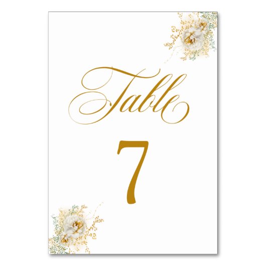 Elegant Gold Script Floral Wedding Table Number 7 Kaart (Voorkant)
