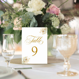 Elegant Gold Script Floral Wedding Table Number 9 Kaart