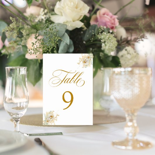 Elegant Gold Script Floral Wedding Table Number 9 Kaart