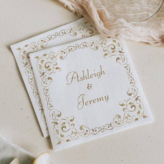 Elegant Gold Script Foliage Weddenschap Servet