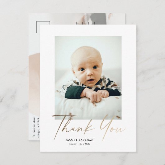 Elegant Gold Script Foto Baby Hartelijk dank Briefkaart (Voorkant / Achterkant)