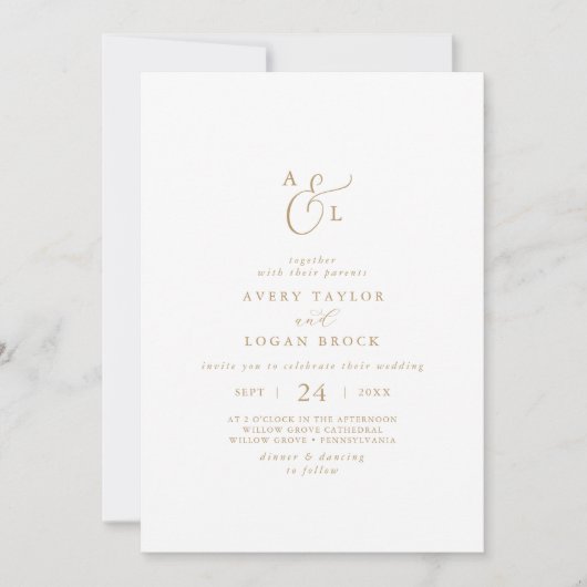 Elegant Gold Script Front & Back Monogram Weddensc Kaart (Voorkant)