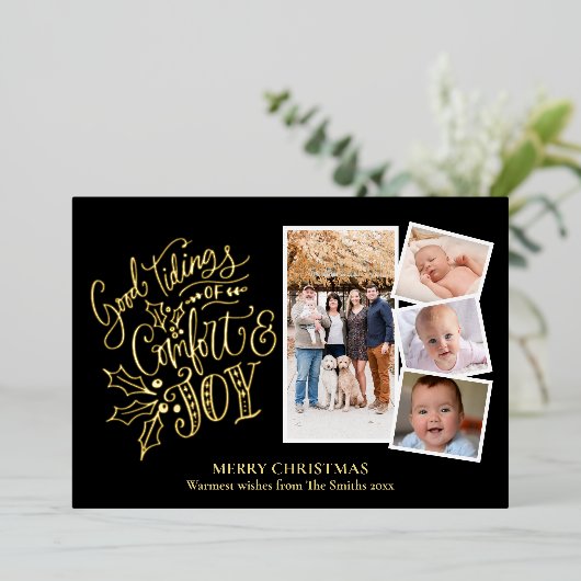 Elegant Gold Script Good Tidings of Comfort Joy Folie Feestdagenkaart (Staand Voorkant)