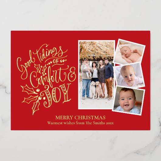 Elegant Gold Script Good Tidings of Comfort Joy Folie Feestdagenkaart (Voorkant)