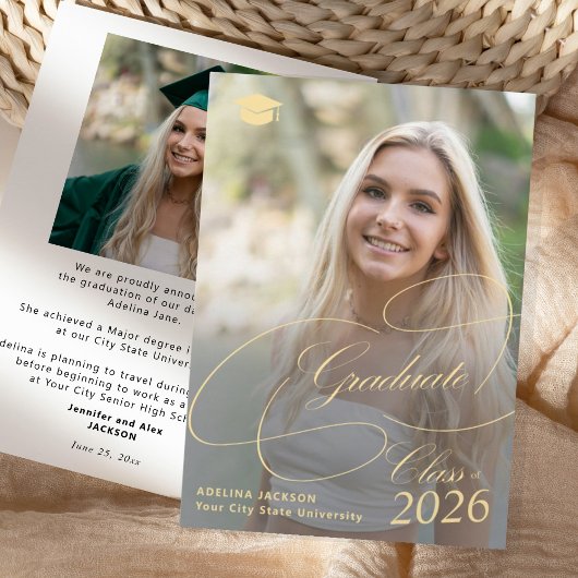 Elegant gold script graduate photo graduation aankondiging