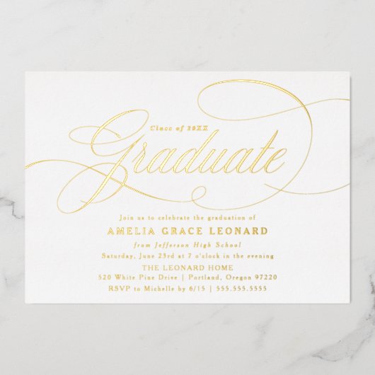 Elegant Gold Script Graduation Party Folie Uitnodiging (Voorkant)