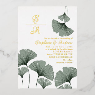 Elegant Gold Script Green Leaf Wedding Invitation Folie Uitnodiging