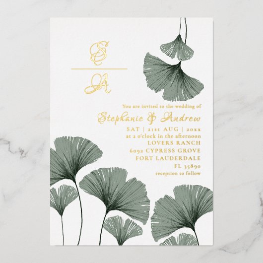 Elegant Gold Script Green Leaf Wedding Invitation Folie Uitnodiging (Voorkant)