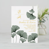 Elegant Gold Script Green Leaf Wedding Invitation Folie Uitnodiging (Staand Voorkant)
