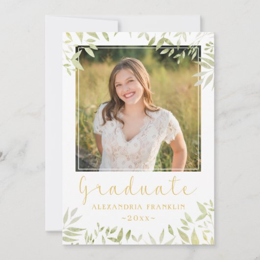 Elegant Gold Script Greenery 2 Photo Afstuderen Kaart (Voorkant)