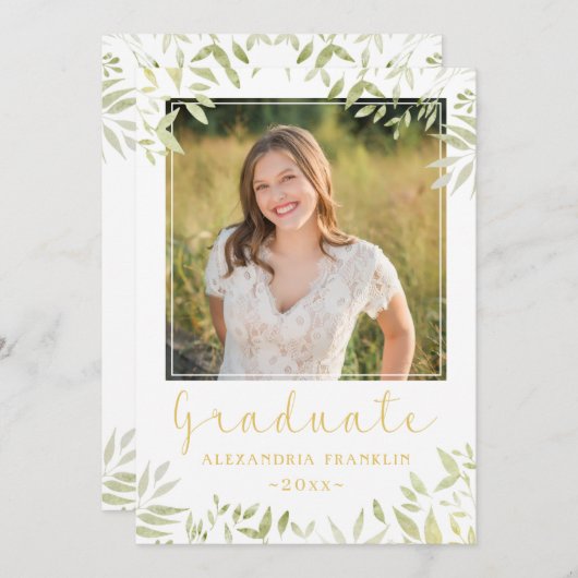 Elegant Gold Script Greenery 2 Photo Afstuderen Kaart (Voorkant / Achterkant)