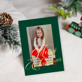 Elegant Gold Script Groen Lijst Foto Folie Feestdagenkaart