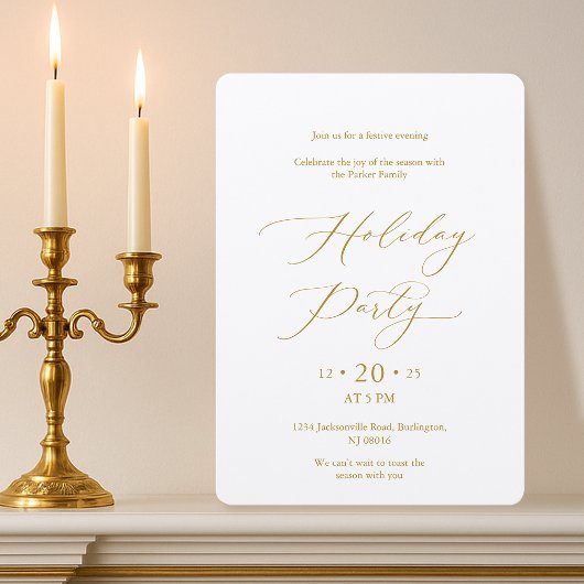 Elegant Gold Script Holiday Party Invitation Kaart