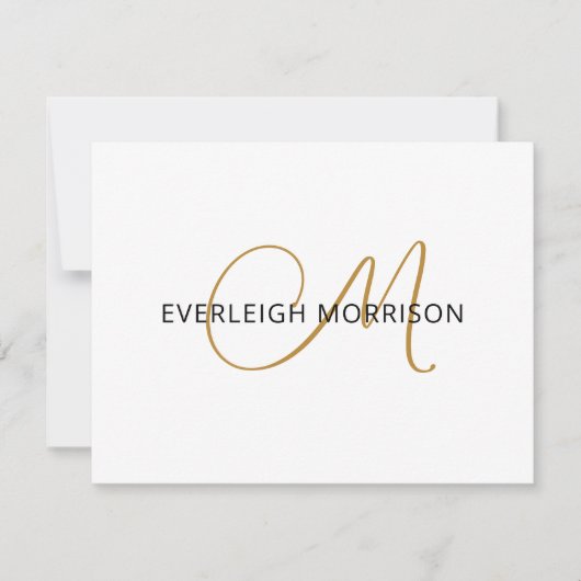 Elegant Gold Script Initiaal Zwarte Naam Monogram Notitiekaartje (Voorkant)