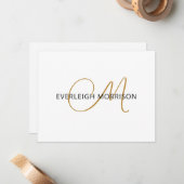 Elegant Gold Script Initiaal Zwarte Naam Monogram Notitiekaartje (Voorkant / Achterkant in situ)