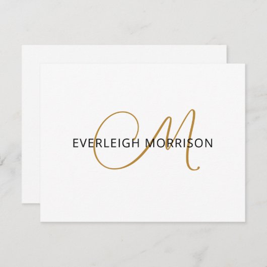 Elegant Gold Script Initiaal Zwarte Naam Monogram Notitiekaartje (Voorkant / Achterkant)