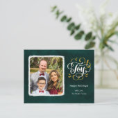 Elegant Gold Script JOY Green-kerstfoto Feestdagenkaart (Staand voorkant)