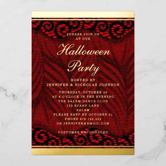 Elegant Gold Script Lace Halloween Folie Uitnodiging (Voorkant)