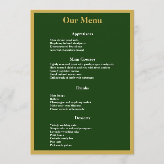Elegant Gold Script Lijst op Green Wedding Dinner Menu (Voorkant)