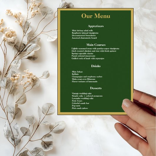 Elegant Gold Script Lijst op Green Wedding Dinner Menu