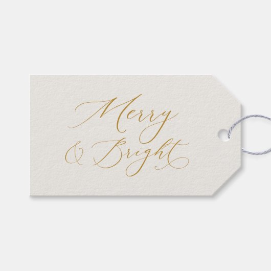 Elegant Gold Script “Merry & Bright” Christmas Cadeaulabel (Voorkant (Horizontaal))