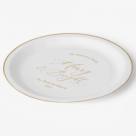 Elegant Gold Script “Merry & Bright” Christmas Papieren Bordje (Gekanteld)