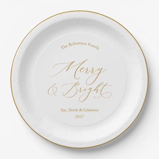 Elegant Gold Script “Merry & Bright” Christmas Papieren Bordje (Voorkant)