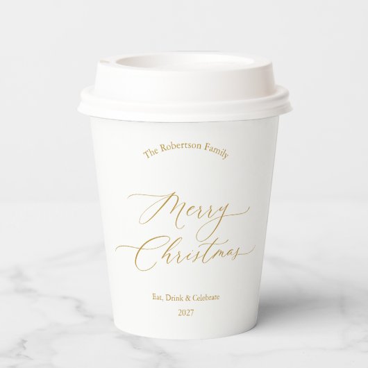 Elegant Gold Script “Merry Christmas” Papieren Bekers (Achterkant)