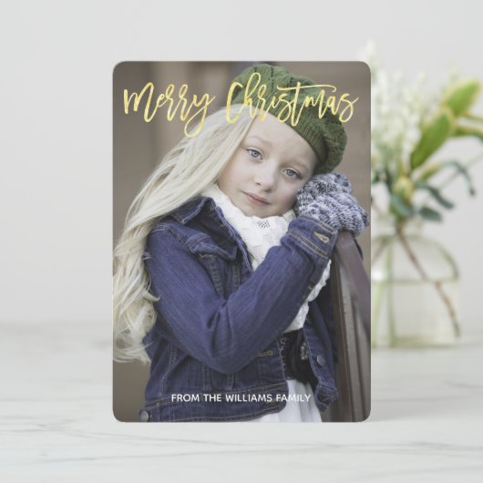 Elegant Gold Script Merry kerst Aangepaste foto Feestdagenkaart (Staand voorkant)