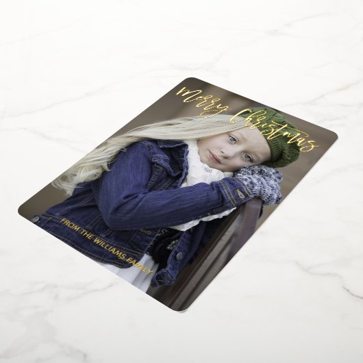Elegant Gold Script Merry kerst Aangepaste foto Folie Feestdagenkaart (Gedraaid)