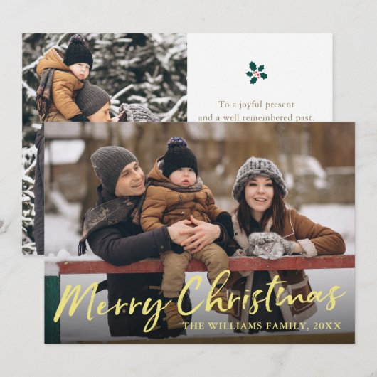 Elegant Gold Script Merry Kerstmis 2 Foto Feestdagenkaart (Voorkant / Achterkant)