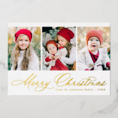 Elegant Gold Script Merry Kerstmis 3 Foto Folie Feestdagenkaart (Voorkant)