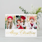 Elegant Gold Script Merry Kerstmis 3 Foto Folie Feestdagenkaart (Staand Voorkant)