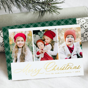 Elegant Gold Script Merry Kerstmis 3 Foto Folie Feestdagenkaart