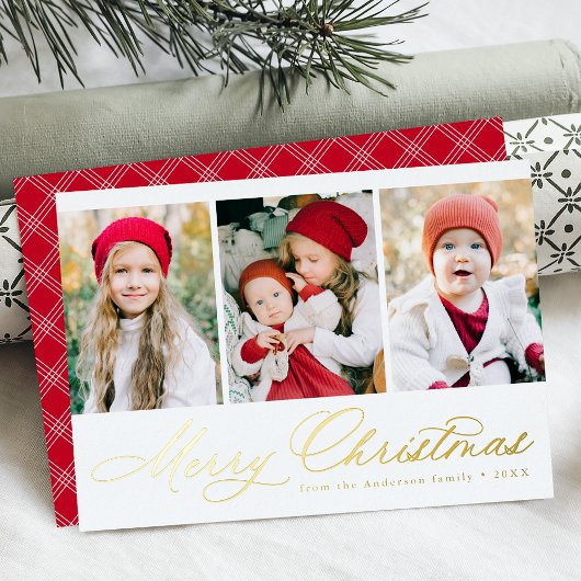 Elegant Gold Script Merry Kerstmis 3 Foto Folie Feestdagenkaart