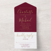 Elegant Gold Script Minimalist Bourgogne Weddensch All In One Uitnodiging (Binnen)