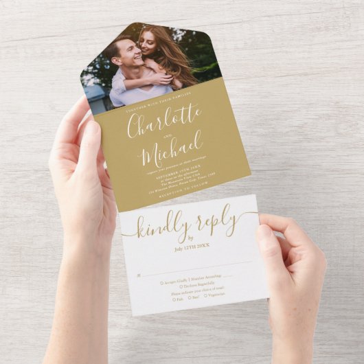 Elegant Gold Script Monogram Photo Weddenschap All In One Uitnodiging (Afscheurbaar)