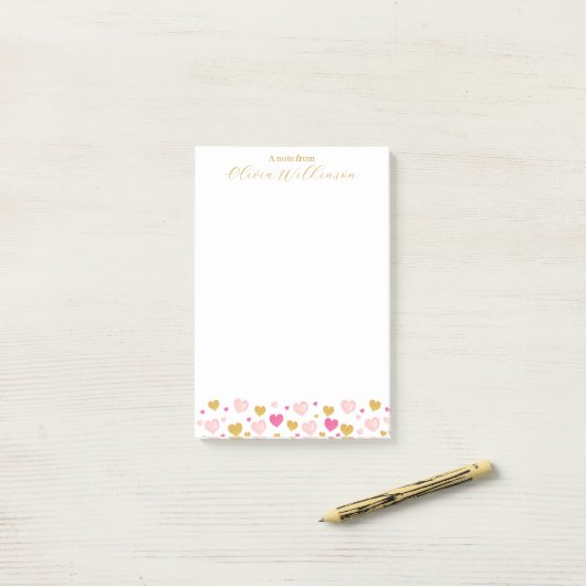 Elegant Gold Script Naam | Waterverf Hearts Post-it® Notes (Op bureau)