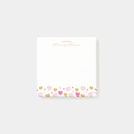 Elegant Gold Script Naam | Waterverf Hearts Post-it® Notes (Voorkant)