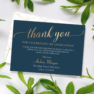 Elegant Gold Script Navy Blue Afstuderen Bedankkaart