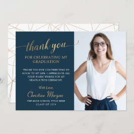 Elegant Gold Script Navy Blue Afstuderen Foto via Bedankkaart