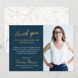 Elegant Gold Script Navy Blue Afstuderen Foto via Bedankkaart