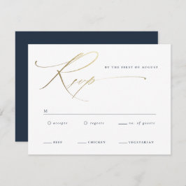 Elegant Gold Script Navy Blue Wedding RSVP Kaartje