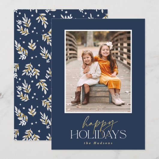 Elegant Gold Script Navy Calligraphy Foto Feestdagenkaart (Voorkant / Achterkant)