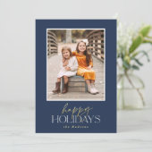 Elegant Gold Script Navy Calligraphy Foto Feestdagenkaart (Staand voorkant)