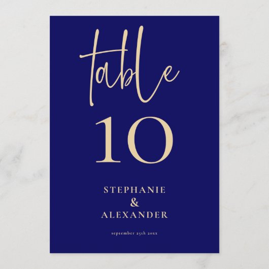 Elegant Gold Script Navy Names Date Table Number Kaart (Achterkant)
