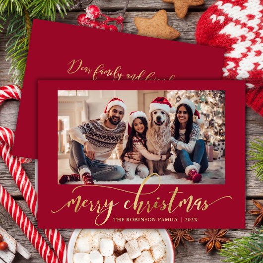 Elegant Gold Script One Photo Red Christmas  Feestdagenkaart